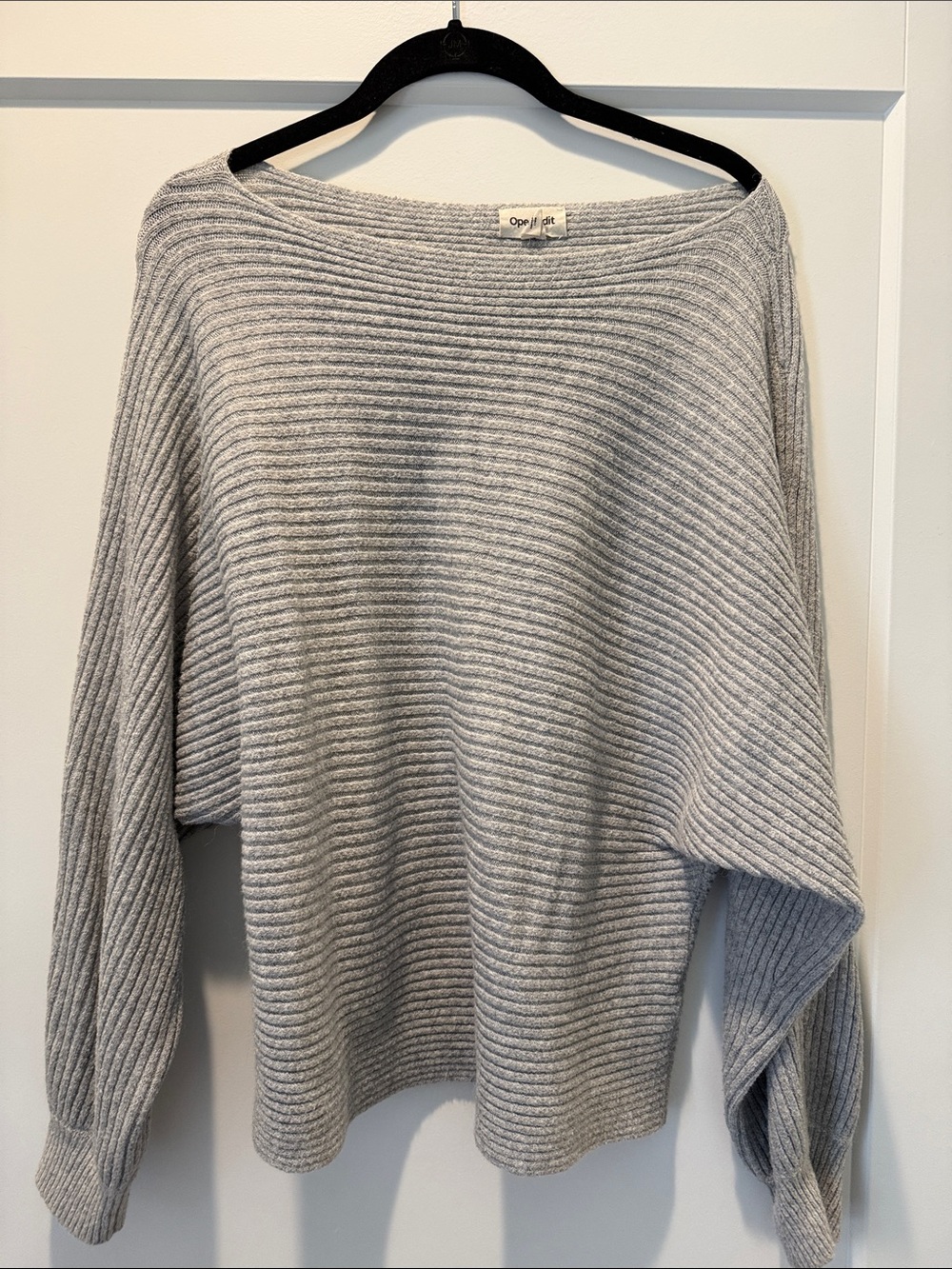 Open Edit Light Gray Off-the-Shoulder Ribbed Sweater